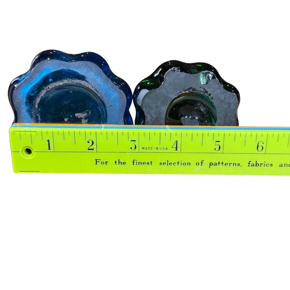 Hand Blown 2 Swung Glass Bud Vases Blue Cobalt & Green Retro MCM Collectable - Picture 10 of 13